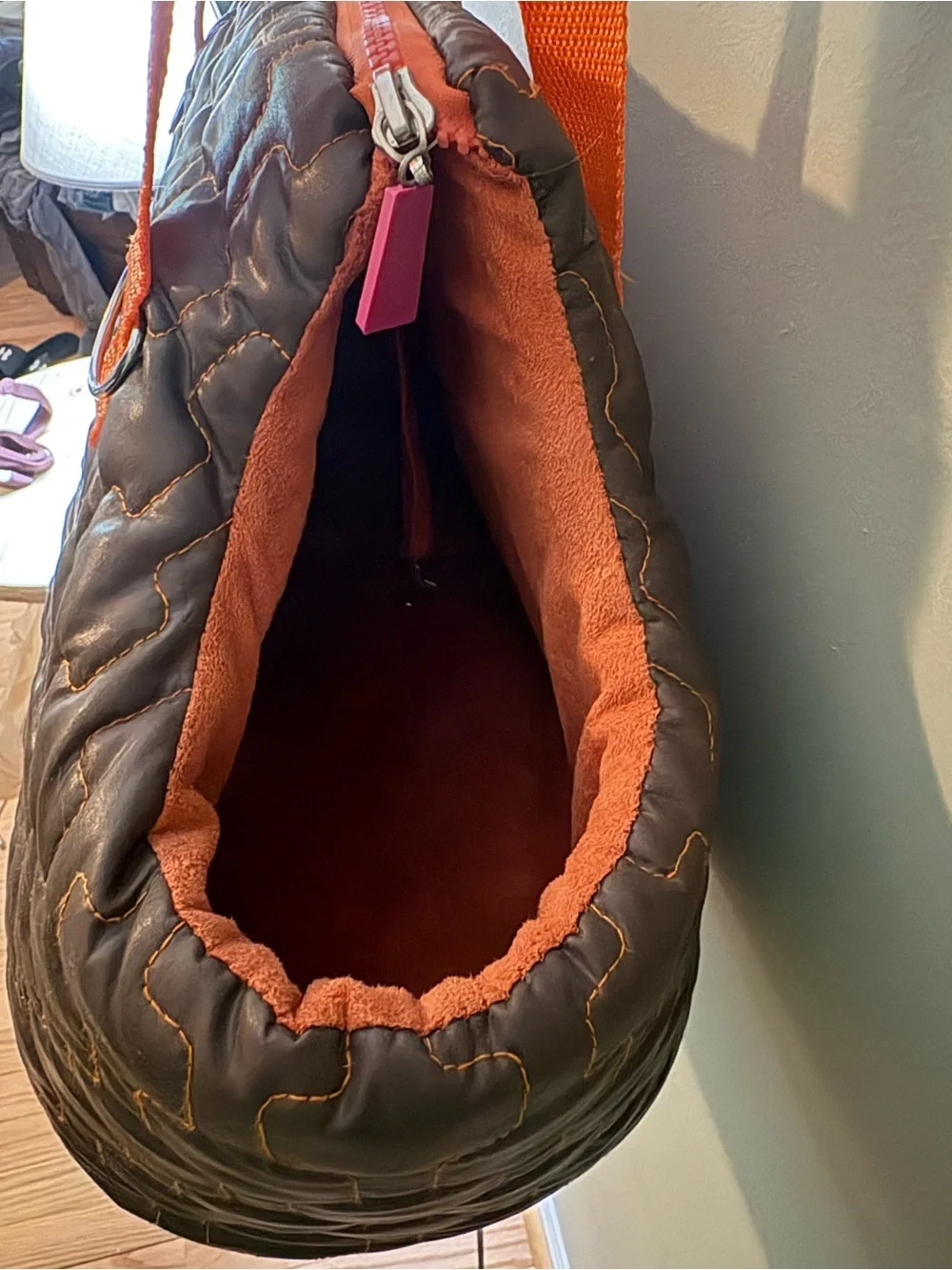 Vintage: Quilted Brown and Orange Dog Carrier Tote with Pink Logo
